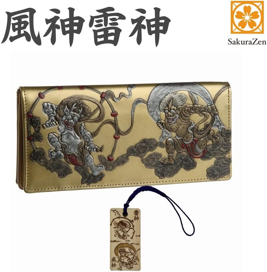 風神雷神 メンズ 長財布 本革 財布 俵屋 宗達 日本製 金 根付 進呈 (風神雷神霊木札)