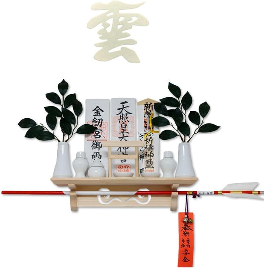 [ さくら禅 ] 棚型 モダン 神棚 祥雲 鳥居付き 白松 壁掛け お札立て 簡単取り付け 穴が目立たない 棚板 神具 お守り飾り 破魔矢置き 神明鳥居 (美濃和紙 雲セット)