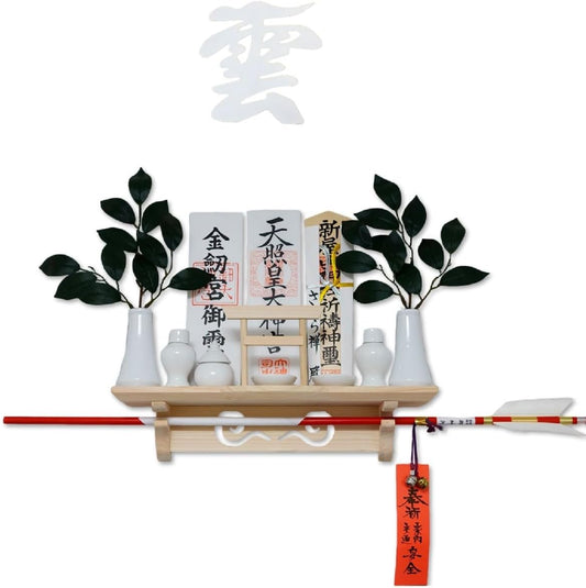 [ さくら禅 ] 棚型 モダン 神棚 祥雲 鳥居付き 白松 壁掛け お札立て 簡単取り付け 穴が目立たない 棚板 神具 お守り飾り 破魔矢置き 神明鳥居 (越前鳥の子和紙 白色 雲セット)