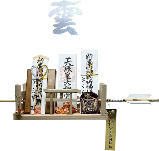 [ さくら禅 ] 神棚 壁掛け 万能モダン 彩雲 水晶 鳥居 国産 ひのき 檜 製 水晶 装飾 お札立て モダン 棚板 (明神・水晶和紙の雲)