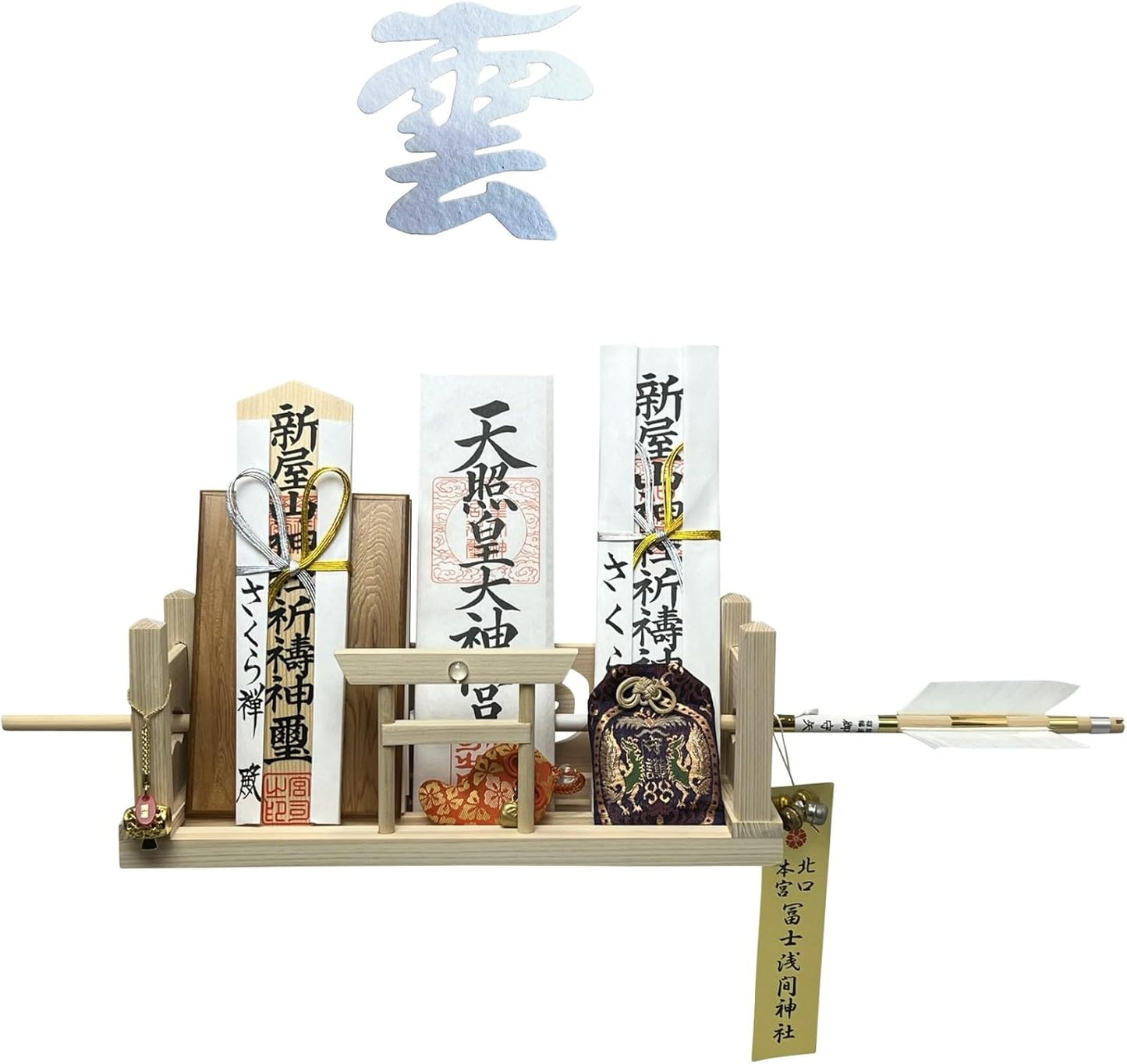 [ さくら禅 ] 神棚 壁掛け 万能モダン 彩雲 水晶 鳥居 国産 ひのき 檜 製 水晶 装飾 お札立て モダン 棚板 (神明 水晶和紙の雲)
