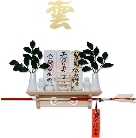 [ さくら禅 ] 棚型 モダン 神棚 祥雲 鳥居付き 白松 壁掛け お札立て 簡単取り付け 穴が目立たない 棚板 神具 お守り飾り 破魔矢置き 神明鳥居 (越前鳥の子和紙 黄色 雲セット)