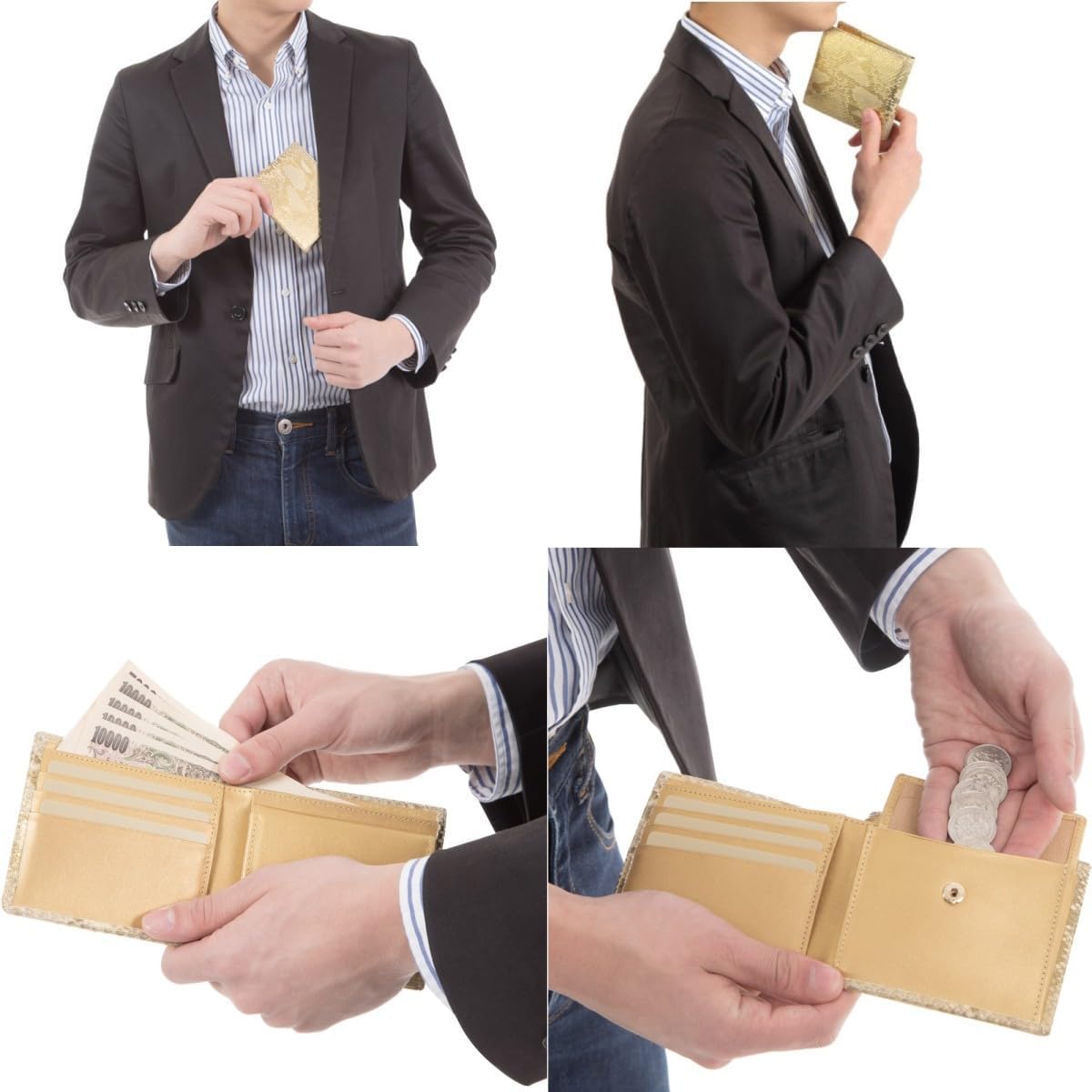 [ SakuraZen ] 金運財布 パイソン レザー メンズ 財布 【 エキゾチック レザーを使用した黄金蛇 蛇革財布/熟練革職人のハンドメイド品 】日本製 二つ折り (打ち出の小槌根付)
