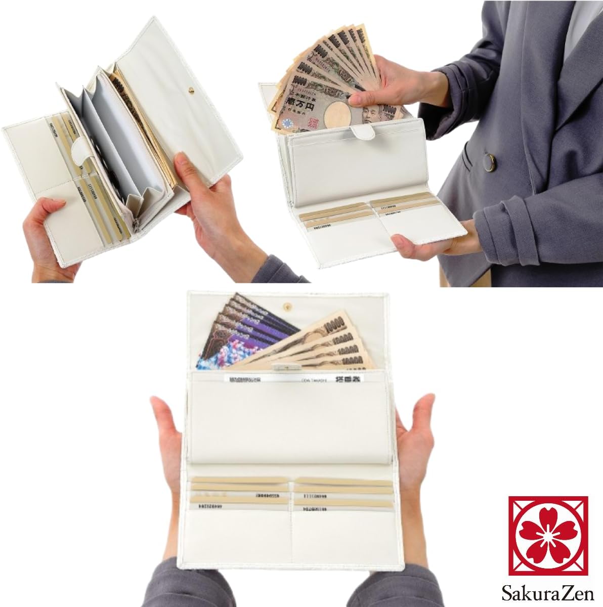 [ SakuraZen ] 白蛇 三つ折り財布 金運財布 レディース パイソン レザー 錦蛇 蛇革 財布 職人手製 日本製 (勾玉昇龍KH