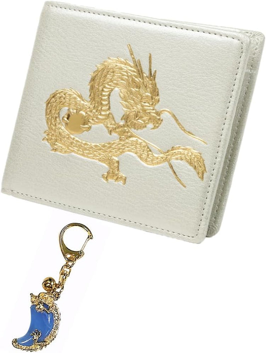 【 SakuraZen 】風水 皇帝龍 本革 二つ折り財布 日本製 本金箔押し 龍 牛革 金運 財布 金運アップ メンズ シャンパンゴールド （勾玉昇龍KH）