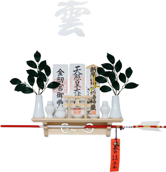 [ さくら禅 ] 棚型 モダン 神棚 祥雲 鳥居付き 白松 壁掛け お札立て 簡単取り付け 穴が目立たない 棚板 神具 お守り飾り 破魔矢置き 明神鳥居 (越前鳥の子和紙 白色 雲セット)