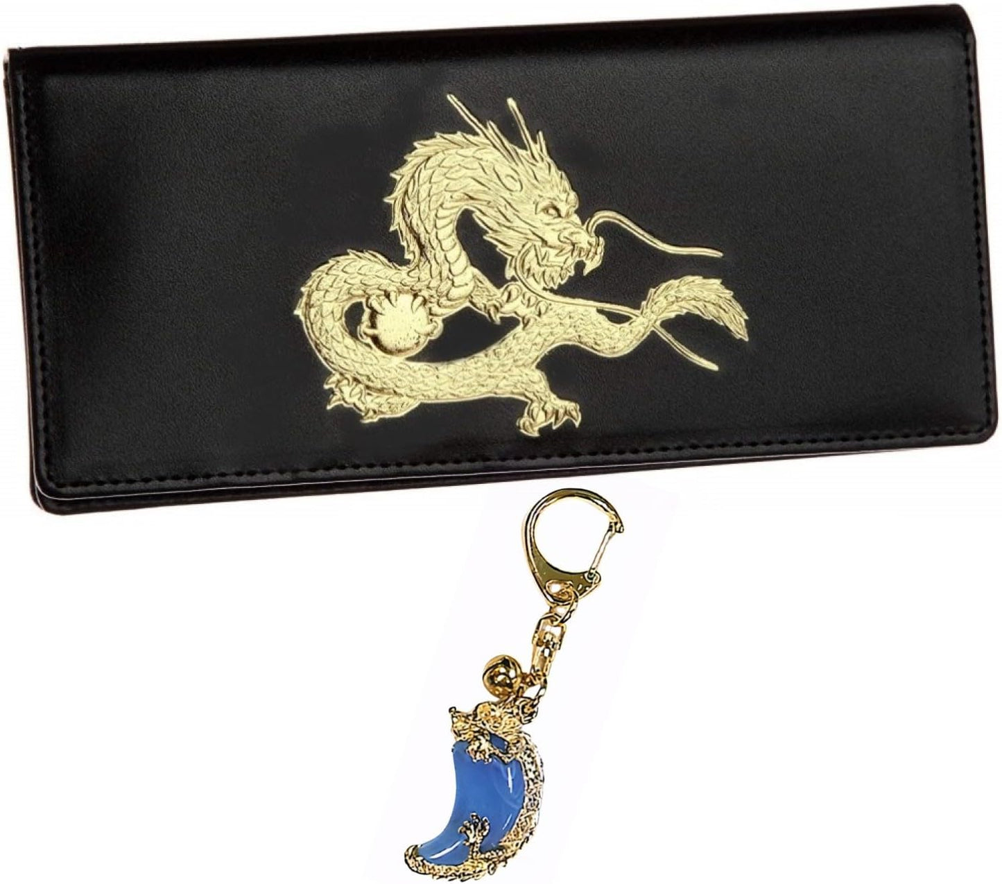 秘伝 皇帝龍 長財布 金運アップ 本金箔 刻印 牛 本革 財布 メンズ 黒色 ブラック 黄金 根付 進呈 日本製 (勾玉昇龍根付)