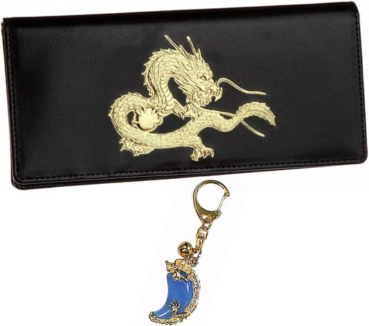 秘伝 皇帝龍 長財布 金運アップ 本金箔 刻印 牛 本革 財布 メンズ 黒色 ブラック 黄金 根付 進呈 日本製 (勾玉昇龍根付)