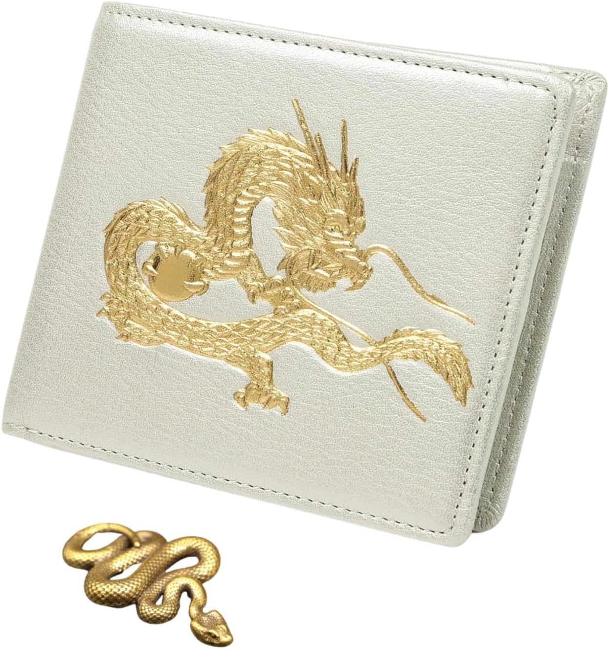 【SakuraZen】風水 皇帝龍 二つ折り財布 金運アップ [ 日本製 本革 財布 本金箔刻印 ] 牛革 金運 黄金 龍 竜 財布 メンズ シャンパンゴールド （古色無限蛇）