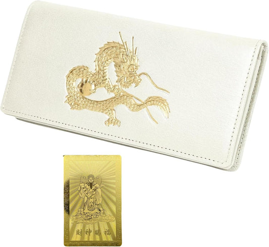 【SakuraZen】風水 皇帝龍 長財布 金運アップ [ 日本製 本革 財布 本金箔刻印 ] 牛革 金運 黄金 龍 竜 財布 メンズ YKK製ジッパー使用 シャンパンゴールド （風水財神札）