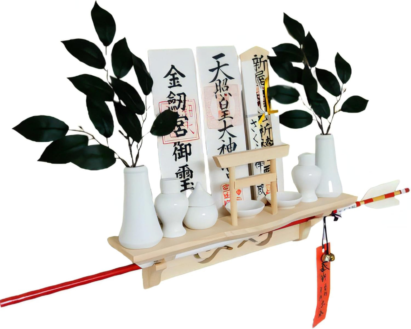 [ さくら禅 ] 棚型 モダン 神棚 祥雲 鳥居付き 白松 壁掛け お札立て 簡単取り付け 穴が目立たない 棚板 神具 お守り飾り 破魔矢置き 神明鳥居 （本体のみ）