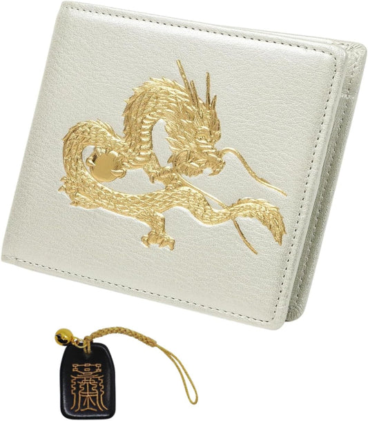 【 SakuraZen 】風水 皇帝龍 本革 二つ折り財布 日本製 本金箔押し 龍 牛革 金運 財布 金運アップ メンズ シャンパンゴールド （金来符）
