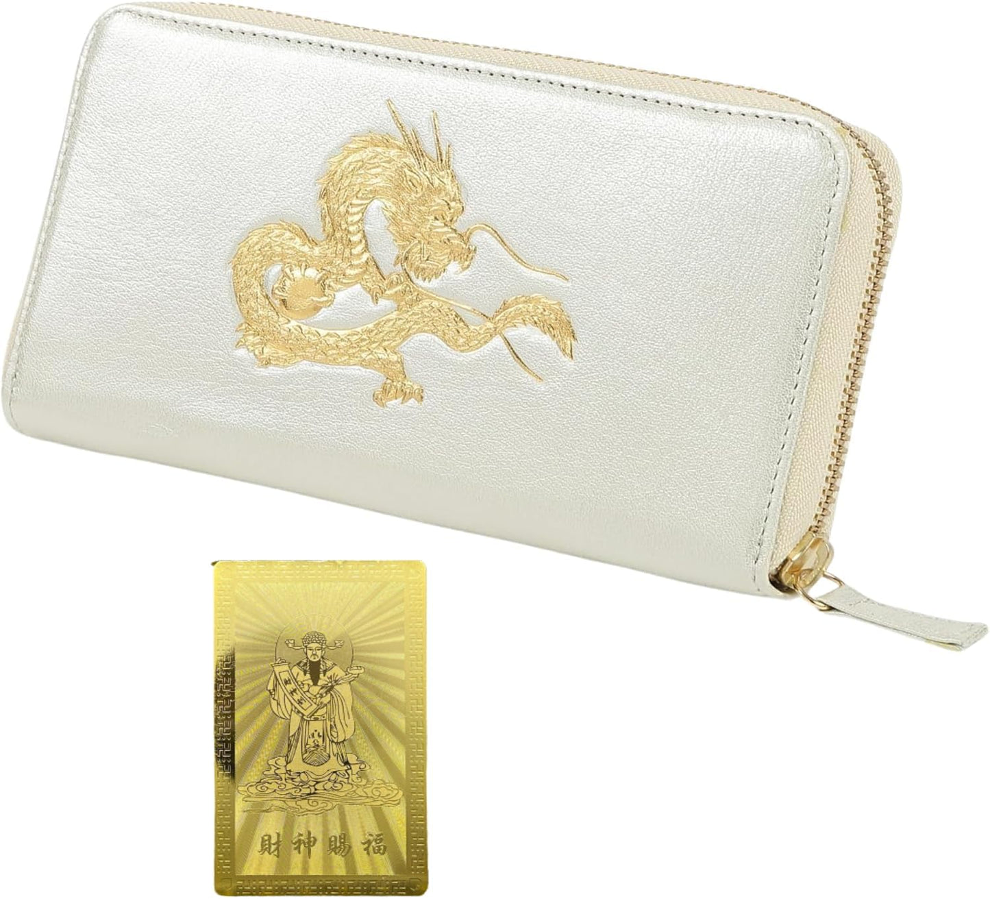 【SakuraZen】風水 皇帝龍 ラウンド財布 金運アップ [ 日本製 本革 財布 本金箔刻印] 牛革 金運 黄金 龍 竜 財布 メンズ YKK製ジッパー使用 シャンパンゴールド （風水財神札）
