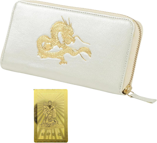 【SakuraZen】風水 皇帝龍 ラウンド財布 金運アップ [ 日本製 本革 財布 本金箔刻印] 牛革 金運 黄金 龍 竜 財布 メンズ YKK製ジッパー使用 シャンパンゴールド （風水財神札）