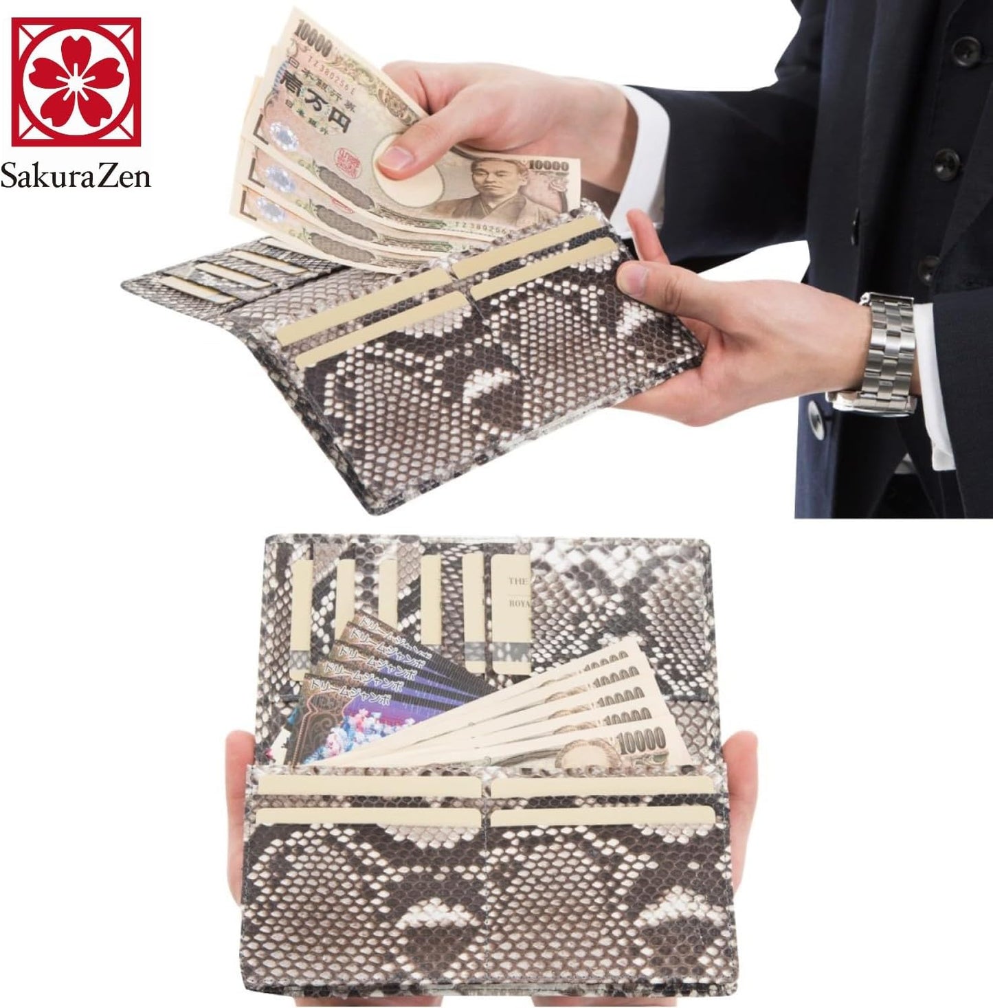[ SakuraZen ] パイソン レザー 錦蛇 財布 蛇革 長財布 金運財布 全面蛇革 無双 ソフト マット仕上げ 職人 日本製 (黄金招金札)