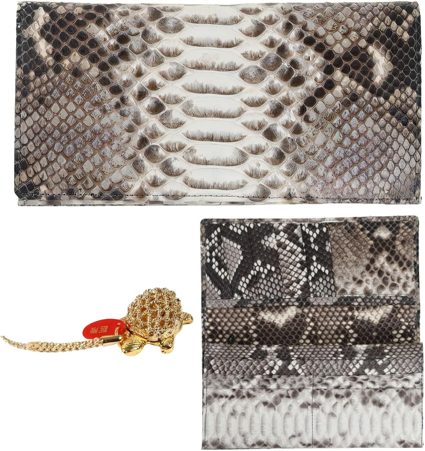 [ SakuraZen ] パイソン レザー 錦蛇 財布 蛇革 長財布 金運財布 全面蛇革 無双 ソフト マット仕上げ 職人 日本製 (黄金銭亀根付)